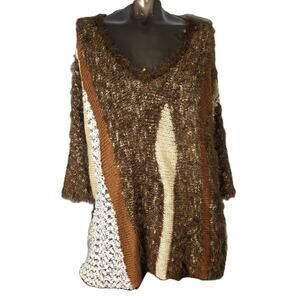 VIP Sweater Women's Brown Feather Yarn Knit V-Neck Oversized Pullover - Large